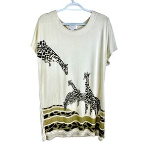 Vintage Apart 100% Silk Giraffe Graphic Top Tee Cream Yellow Large Y2K 90s